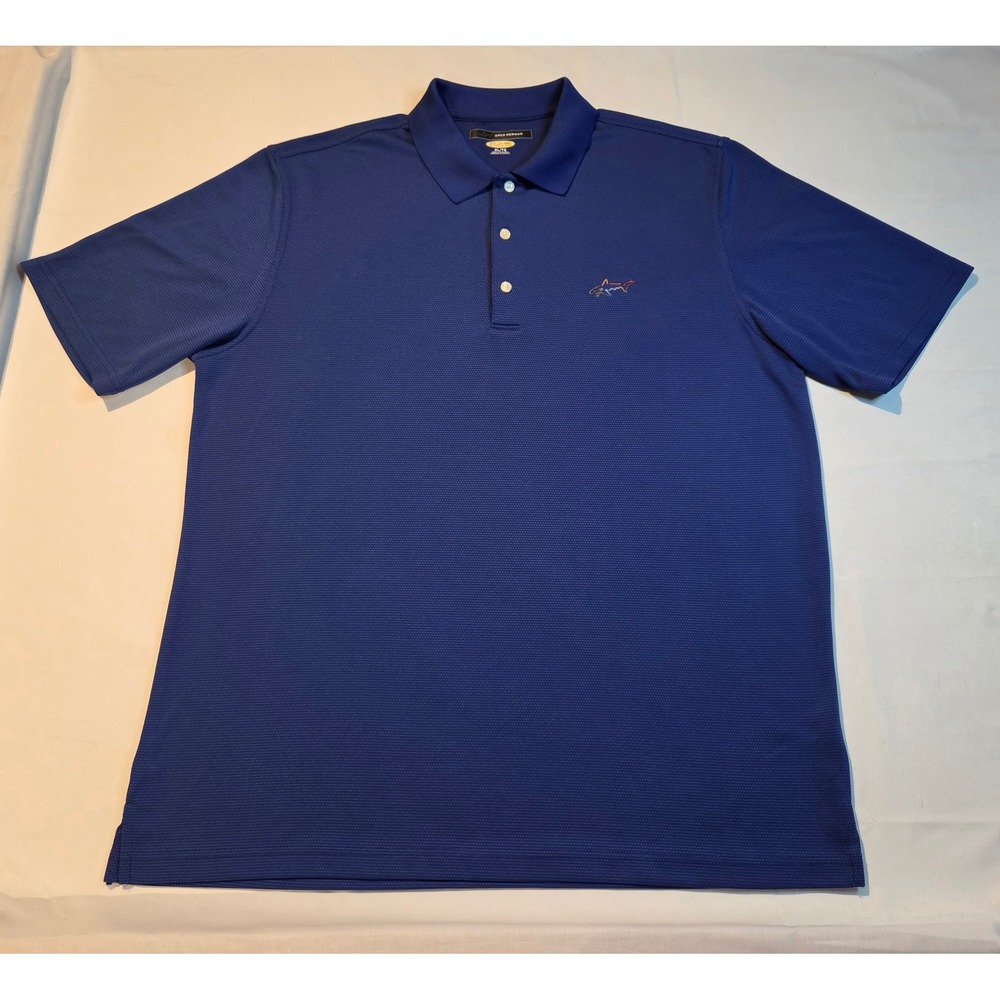 Greg Norman Play Dry Polo Shirt Mens XL Blue Short Sleeve Golf Shark Logo XL/TG